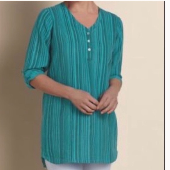 Soft Surroundings Teal Linen Striped Tunic - Picture 2 of 9
